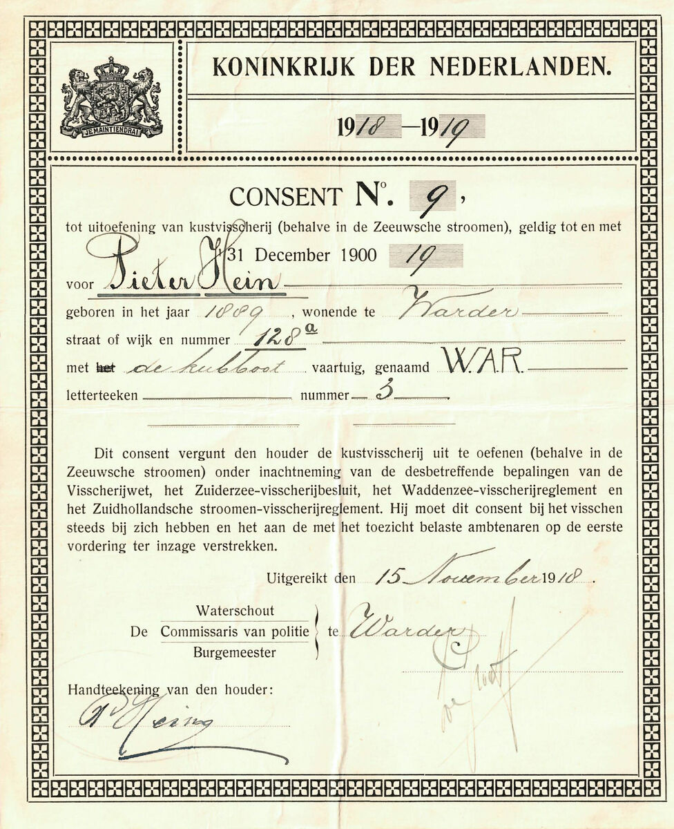 Visserij registratie Pieter Hein uit Warder